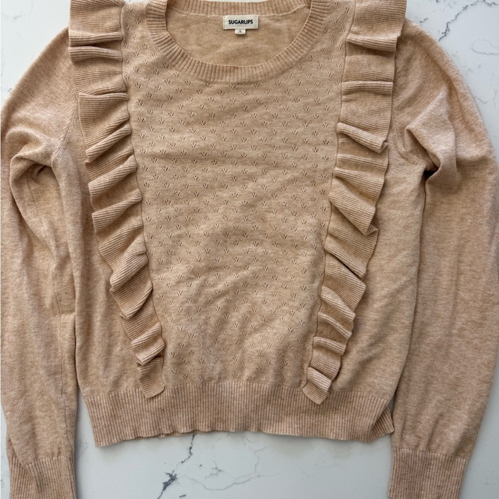 Sugarlips Women's Beige Ruffle Sweater